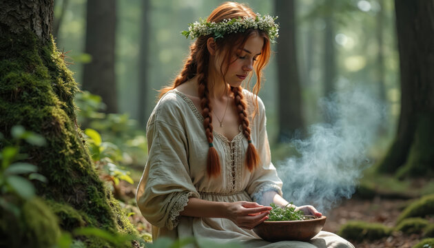 Young woman with flower crown braids herbs in forest. Female performs natural pagan ritual with smoke from wooden bowl. She wears simple dress in mossy woods with sunlit trees.