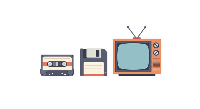 Retro tech icons: classic TV cassette and floppy disk in vintage style