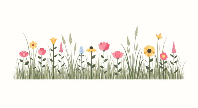 Bright floral border with wildflowers and greenery on white background