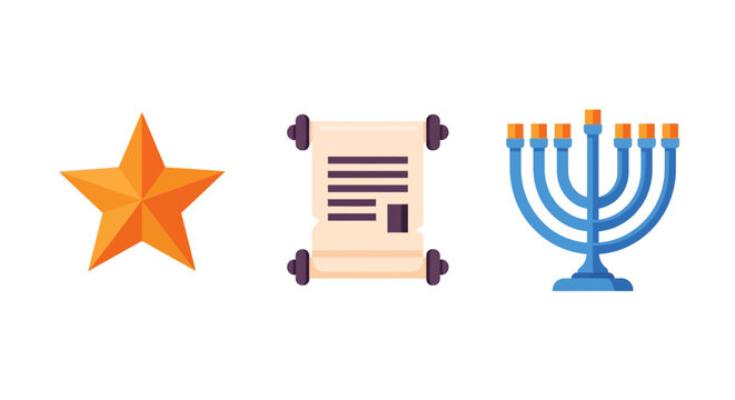 Hanukkah symbols: star torah scroll menorah in modern flat design