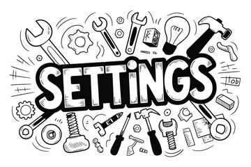 Obraz premium Hand drawn illustration featuring tools gears and the word settings