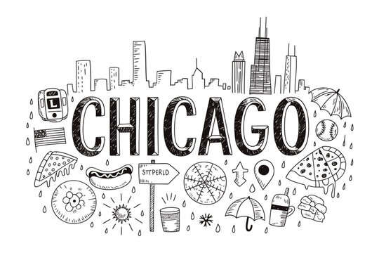 A hand drawn sketch showcasing iconic symbols representing the city of chicago