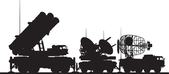 Obraz premium Silhouette of a military missile defense system with a launcher and radar, on a white background, air force, anti aircraft, radar dish, military equip