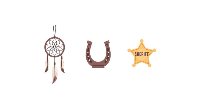 Western elements: dreamcatcher horseshoe sheriff badge in flat design