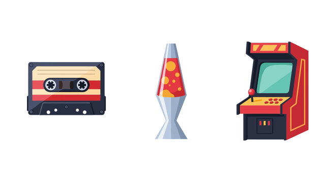Retro icons: cassette lava lamp and arcade machine in vibrant design