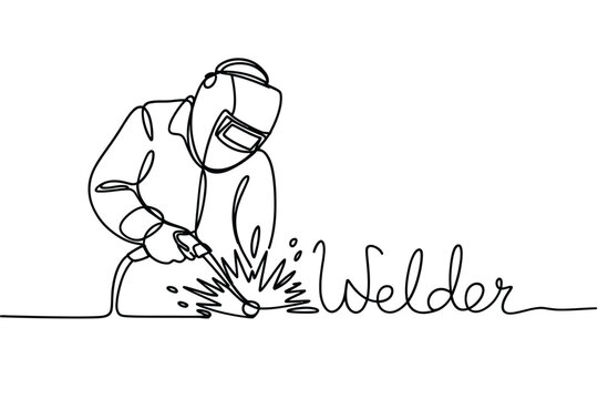 Continuous line drawing of a welder working with sparks and equipment