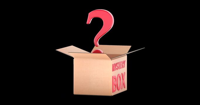 Surprise mystery box with question mark inside, rotation animation seamlessly loopable. 3D rendering isolated on transparent background