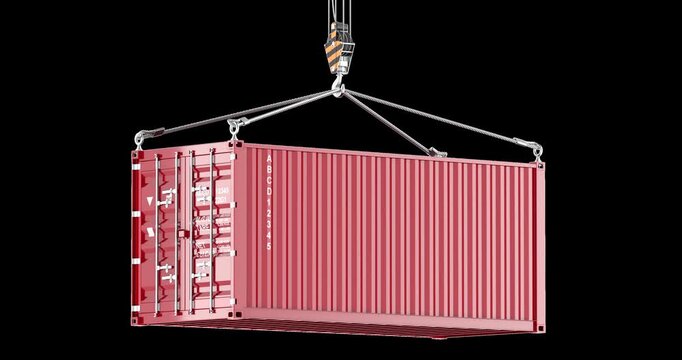 Shipping container suspended on crane hook, rotation animation seamlessly loopable. 3D rendering isolated on transparent background