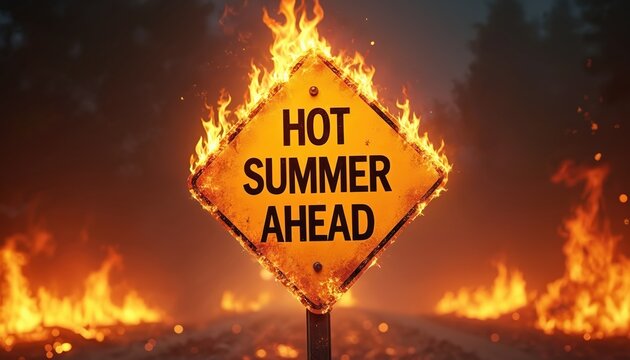 Yellow road sign warning hot summer ahead engulfed in flames. Orange fire burns intensely around road, sky dark with smoke. Extreme heat danger sign.