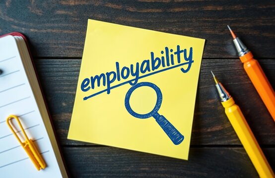 Yellow sticky note on wood desk shows employability text with magnifying glass graphic. Notebook and pencils nearby suggest work task or career search.