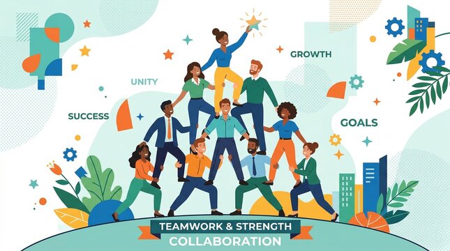 Diverse Business Team Building Human Pyramid for Success, Growth, and Collaboration
