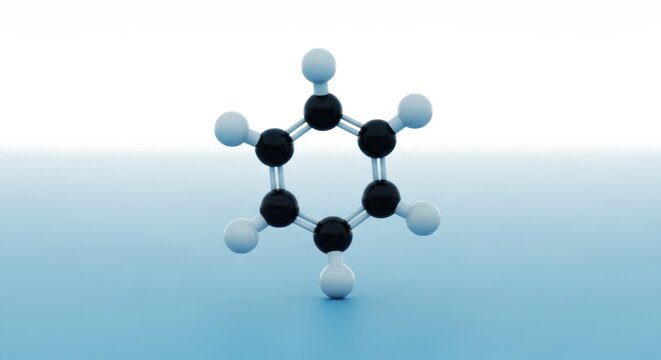 Benzene molecule model on blue surface, scientific representation.