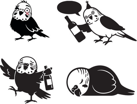 Set of funny budgies in different drunk and party poses vector