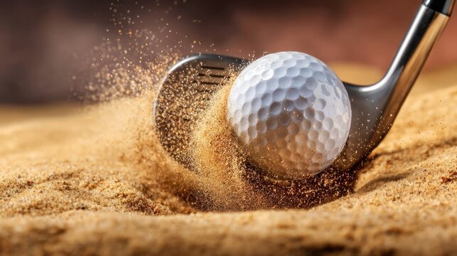 Golf Club Striking Ball from Sand Bunker with Flying Particles of Sand