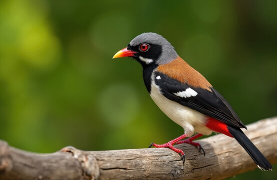 Diamond Firetail bird perched on a branch. This small colorful finch has grey head red beak black markings white belly and red undertail. Wildlife scene.