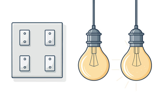 An illustration of a light switch with two illuminated light bulbs hanging from the ceiling