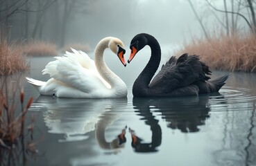 Fototapeta premium White and black swans swim on calm water forming heart shape with necks. Two birds floating on lake in misty fog. Muted pastel tones create serene mood.