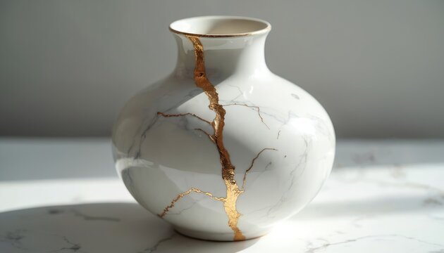 White ceramic vase with marble pattern repaired using gold kintsugi. Broken pottery shows beauty in imperfection. Studio still life object with elegant lines.