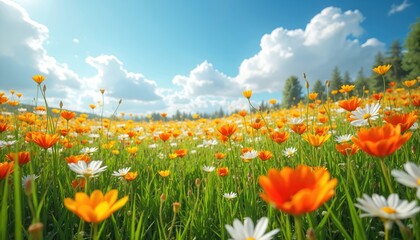 Obraz premium Vibrant meadow with orange white flowers under blue sky clouds. Lush green grass field blossoms in summer spring season. Nature beauty, peaceful rural landscape.