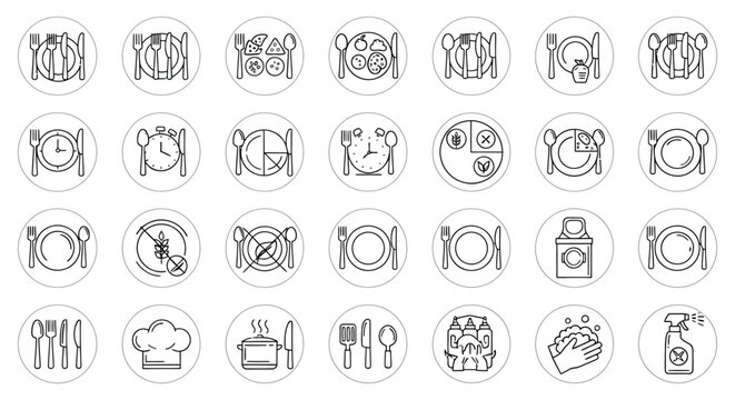 collection of kitchen utensils and food icons in line art style, vector graphics