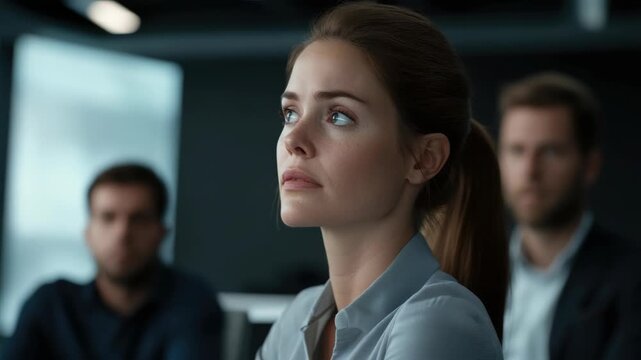 Woman in business suit focusing on something not shown, possibly a critical decision or intense conversation.