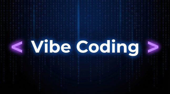 Vibe coding concept with glowing purple arrows on dark blue binary code background