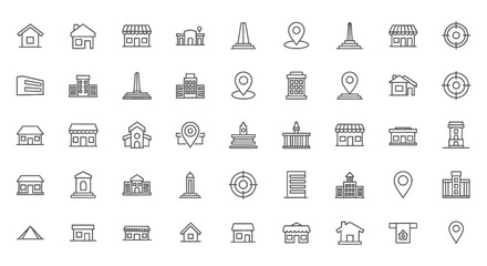 Fototapeta premium a collection of line icons depicting buildings, locations, and landmarks in black and white