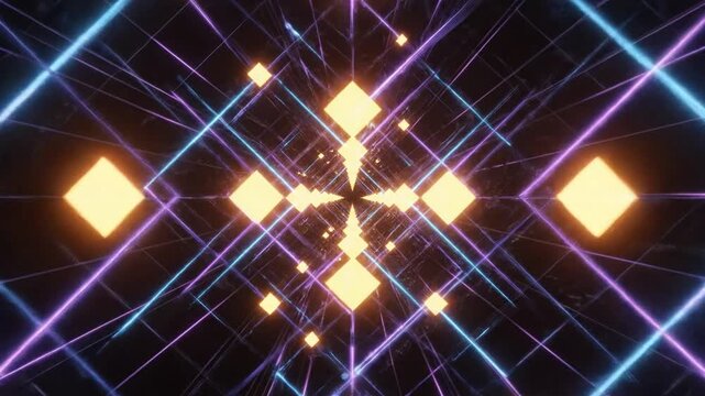 Abstract geometric tunnel with glowing diamond shapes and lines