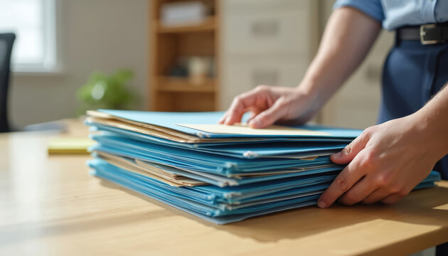 Hands sort blue and manila paper folders on a wooden desk. Person organizes documents in office. Workflow management task, information archive, bureaucracy routine.