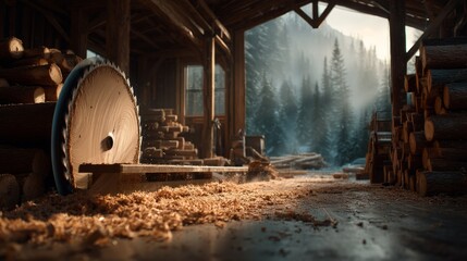 Fototapeta premium Freshly Cut Logs in a Rustic Sawmill Surrounded by Lush Forest Landscape
