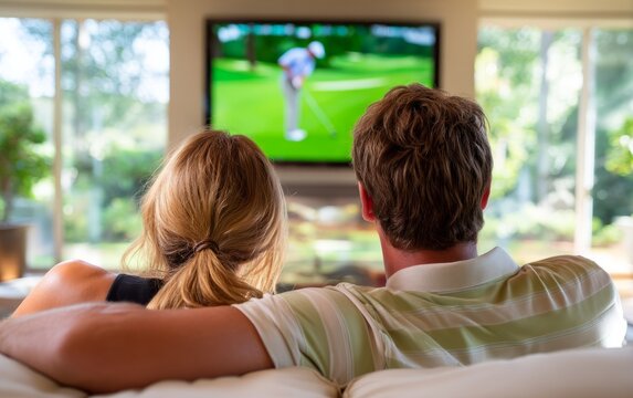 Couple Leaning Forward Intently Watching Golf Tournament on Television