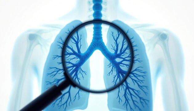Close up of human lungs bronchial tree detail under magnifying glass. Blue colored internal organ structure visible in transparent body outline. Medical science anatomy research concept.