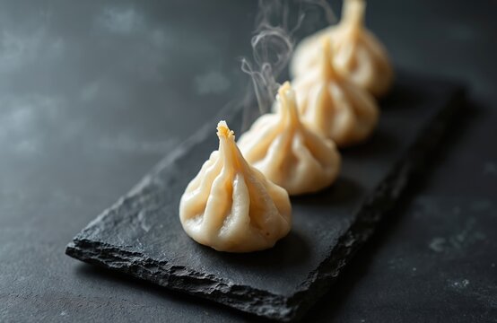 Steaming hot dumplings sit in a row on a dark stone plate. These savory snacks have a delicate filling and are a popular Asian dish. Perfect for food blogs and restaurant menus.