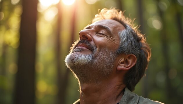 Man with closed eyes and beard breathes deeply outdoors in warm sunlight. Forest background suggests nature connection and peaceful moment. He smiles gently, showing contentment and inner calm.