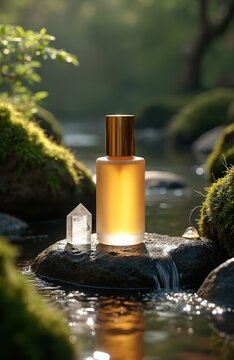 Organic cosmetic bottle placed on stone near water stream. Natural product with crystal element, soft light, serene outdoor backdrop. Beauty item advertorial shot.