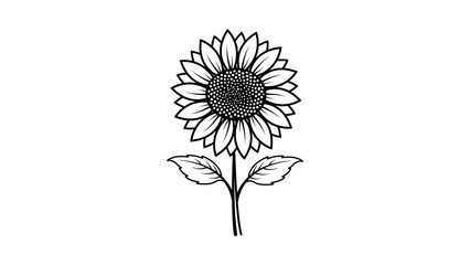 Minimalist black line vector illustration of a blooming sunflower with a stem and leaves, hand-drawn outline icon on a white background for nature, summer, floral, and botanical design projects. © Bijoy