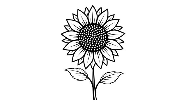 Minimalist sunflower vector icon illustration, hand-drawn black line art on white background, blooming sunflower with detailed petals, seeds, stem and leaves, clean scalable SVG graphic element.