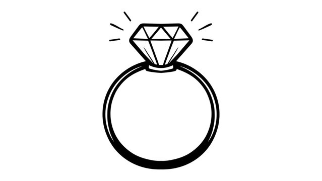 Minimalist black line vector icon of a diamond engagement ring on a white background, featuring a hand-drawn sketch style illustration of a sparkling gemstone for wedding and jewelry design.