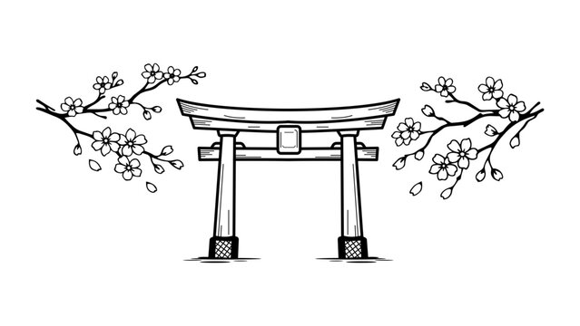Minimalist black line vector icon illustration of a traditional Japanese Torii gate framed by blooming cherry blossom sakura branches, hand-drawn outline isolated on a white background.