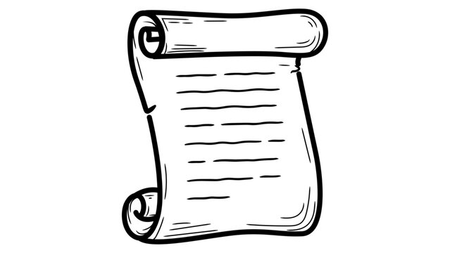 Hand-drawn minimalist black line vector icon of an unrolled parchment scroll with horizontal text lines, clean outline illustration on a white background, scalable graphic for history or law.
