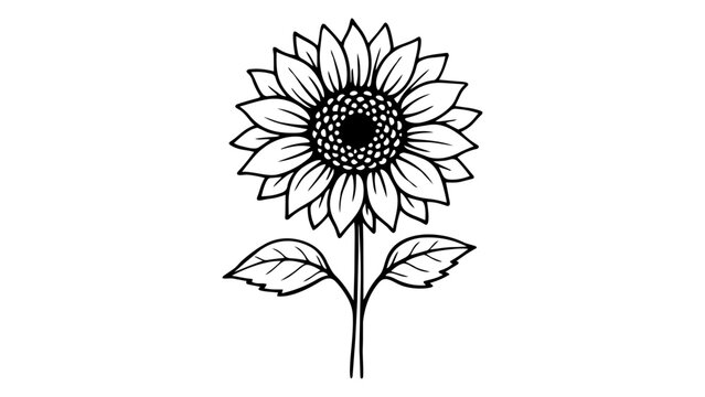 Minimalist black line vector icon illustration of a blooming sunflower with detailed petals and leaves, hand-drawn outline style on a white background, perfect for nature and floral designs.