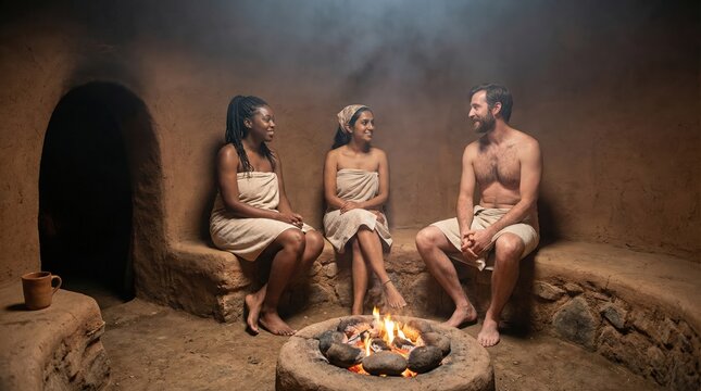 Three people relaxing in a traditional temazcal steam lodge around