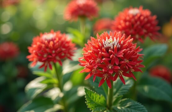 Close view of vibrant red pentas lanceolata flowers with delicate white centers. Rich green leaves form a soft blurred background in a sunny garden setting, suggesting a pleasant spring or summer day.