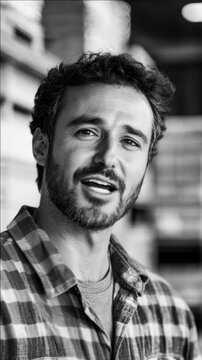 The videograph features a bearded man in a plaid shirt and jeans, smiling as he stands confidently among stacks of wooden crates. He is dressed for work in an industrial setting with warm lighting