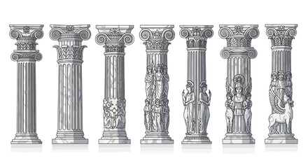 Fototapeta premium Ancient Greek Ionic and Corinthian Columns Collection, Architectural Elements