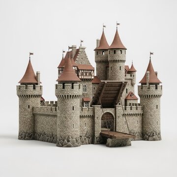 Detailed Model of a Medieval Castle with Towers and Red Roofs.