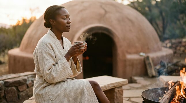 Woman in robe enjoying hot drink outside clay temazcal dome at sunset