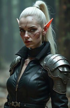 Female elf warrior wears leather jacket armor. She has pointed ears and facial scars. Outdoor forest background with blurred trees. Fierce expression and gaze.