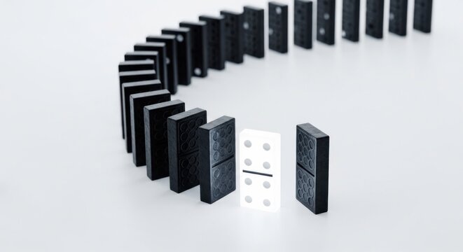 Domino effect with one domino standing out from the rest.