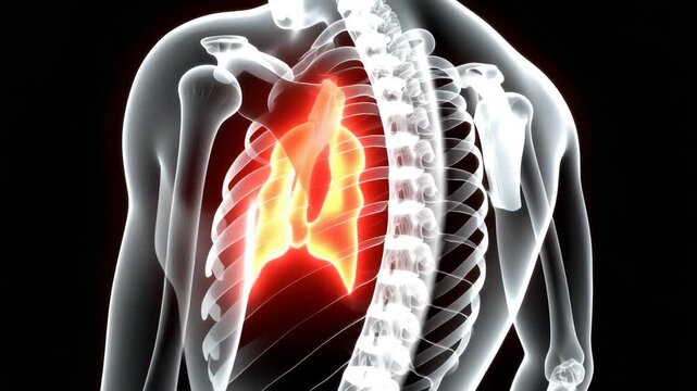 3D medical animation of a rotating human sternum (breastbone). Glowing blue neon rib cage and skeletal structure with the sternum highlighted in red in a futuristic style.
